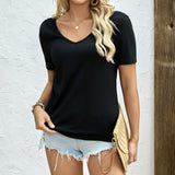 Women's Solid Color Deep V-Neck Backless Lace Patchwork T-Shirt – Elegant & Chic