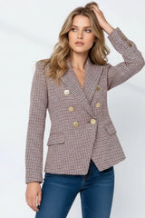 Women's beige and brown small checkered blazer dress with gold buttons and fitted tailoring
