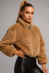 Women's cropped brown faux fur jacket with zipper - trendy winter outerwear
