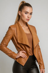 Women's camel faux leather jacket with draped lapel – chic fall fashion