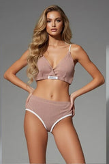 Comfy brown ribbed lingerie set for women - soft bralette and high-waist panty
