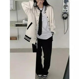 Varsity Jacket with Striped Cuffs and Snap Closure-White-1