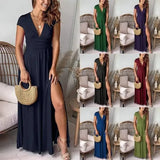 Women's Long Skirt With Deep V-neck And Short Sleeves-1