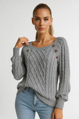 Women’s grey cable-knit sweater with button accents – warm casual pullover