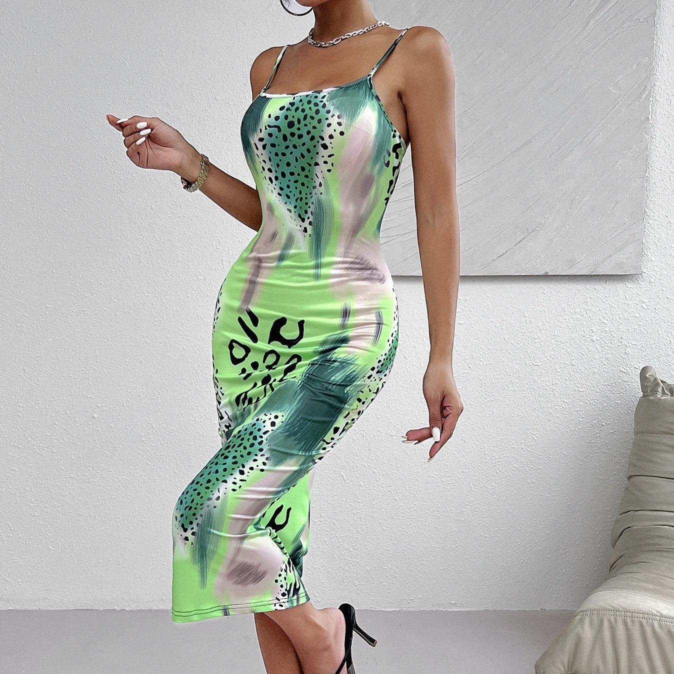 Ladies' Leopard Print Backless Dress – Cross Shoulder Strap & Long Skirt for a Banquet-Ready Look