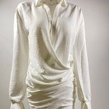 Lovemi -  White Long-sleeved V-neck Shirt Sexy INS Fashion Linen Short Dress For Women