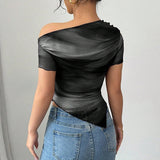 One-Shoulder Tie Dye Mesh Tee