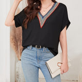 Women’s Loose Fit Lace V-Neck Short Sleeve Top | Breathable Casual Shirt