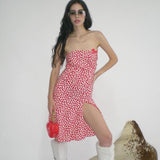 Lovemi -  Tube Top Stitching Bow Irregular Slit Floral Dress