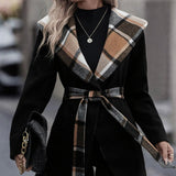 Lace-up Plaid Color Matching Wool Mid-length Trench Coat For Women