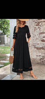 New Hot Sale: Five-Quarter Sleeve Mesh Patchwork Round Neck Pocket Dress