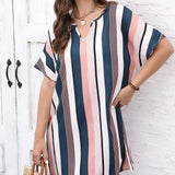 Ladies' Contrasting Striped Print V-Neck Short Dress – Casual Loose Fit for Effortless Style