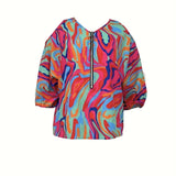 Ladies’ Printed Off-Shoulder V-Neck Zipper Lantern Sleeve Top | Chic and Versatile