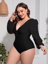 Plus Size Tied Deep V Balloon Sleeve One-Piece Swimsuit-4