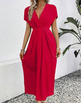 Solid Color Deep V Shoulder Sleeve Folding Elastic Waist Long Dress
