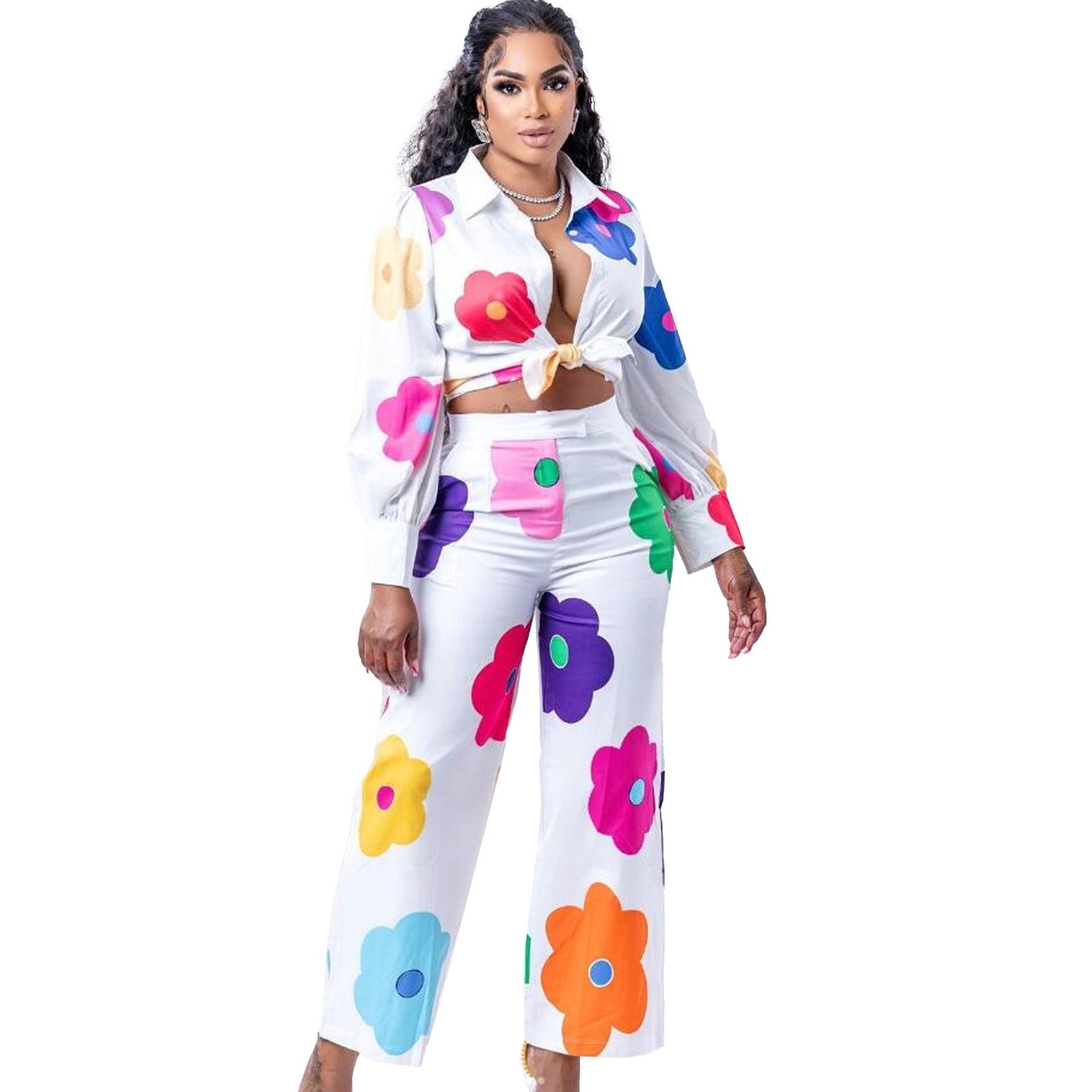 Costume chemise imprimé couleur à la mode pour femmes, ensemble deux pièces