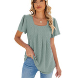 Lovemi -  Summer Square Neck Pleated Short-sleeved T-shirt Loose Solid Color Ruffled Hollow Design Top For Womens Clothing