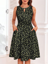Women's Keyhole Neckline Hidden Pocket Sleeveless Allover Print Dress