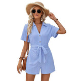 Lovemi -  Women's Short-sleeved Shorts Jumpsuit Lace-up Turn-down Collar Solid Color Clothing Summer