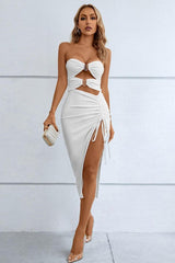 Cutout Strapless Drawstring Detail Split Bandage Dress-White-5