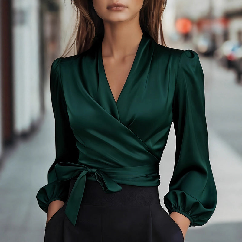 Satin V-Neck Tie Waist Blouse