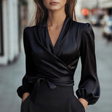 Satin V-Neck Tie Waist Blouse