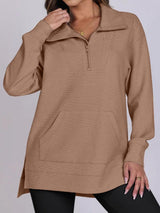 ฺHigh-Low Quarter Zip Long Sleeve Sweatshirt-Camel-10