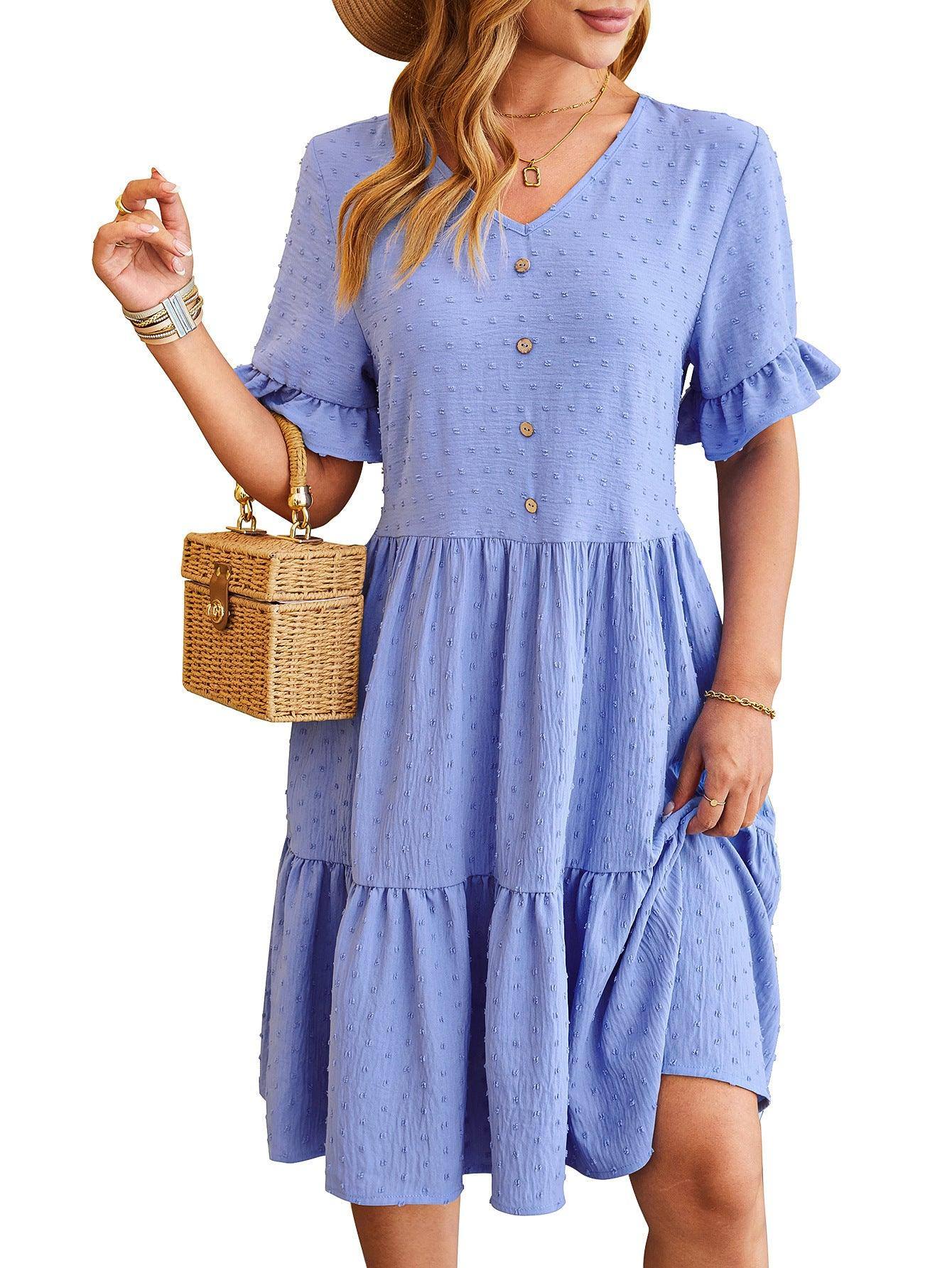 New V-neck Ruffle Short-sleeved Dress Summer Casual Fashion Button Jacquard Design Pleated Dresses Solid Color Womens Clothing