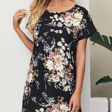 Ladies' Floral Print Skirt with Batwing Sleeves – Casual Pullover Round Neck Dress
