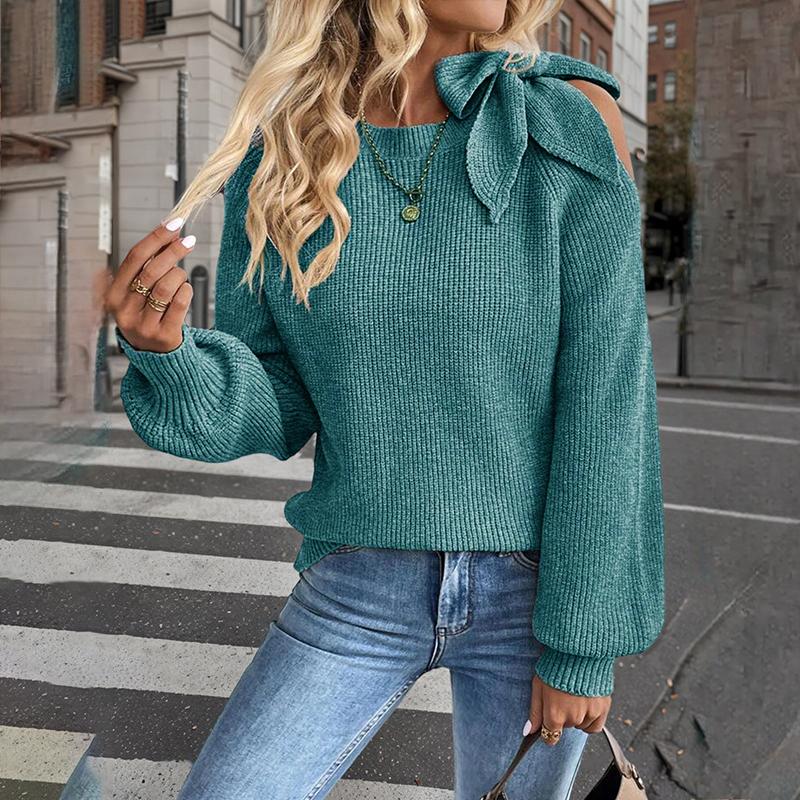 Bow Shoulder Cut-Out Knit Sweater