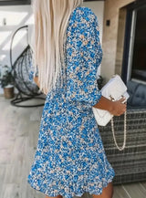 V-Neck Floral Print Short Sleeve Bubble Sleeve A-Line Dress