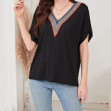 Women’s Loose Fit Lace V-Neck Short Sleeve Top | Breathable Casual Shirt