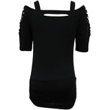 Ladies’ Solid Color Lace-Up Sleeve Shirt with Hollowed-Out Square Collar | Summer Rock T-Shirt Top