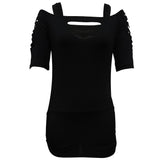 Ladies’ Solid Color Lace-Up Sleeve Shirt with Hollowed-Out Square Collar | Summer Rock T-Shirt Top