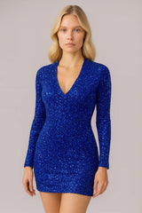 Sequin V-Neck Long Sleeve Mini Dress