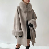 New Fashion Camel Color Big Cape Woolen Real Fox Fur Collar Poncho Luxurious Winter Shawl with Fur Cuffs