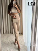 Lovemi -  TRAF Women Fashion With Pockets Casual Basic Solid Pants Vintage High Waist Zipper Fly Female Ankle Trousers Pantalones Mujer