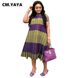 Lovemi -  C.M YAYA Plus Size Loose Women Dresses Double Color Patchwork Mid-calf Length O-neck Short Sleeve Casual Straight Dress 2021