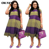 Lovemi -  C.M YAYA Plus Size Loose Women Dresses Double Color Patchwork Mid-calf Length O-neck Short Sleeve Casual Straight Dress 2021