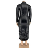 Robes en cuir PU grande taille 5XL pour femmes, fermeture éclair, manches longues, extensible, élégante, noire, Maxi, vente en gros, livraison directe