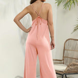 Ladies' Solid Color Chest Pleated Cross Suspender Sexy Jumpsuit