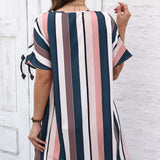 Ladies' Contrasting Striped Print V-Neck Short Dress – Casual Loose Fit for Effortless Style