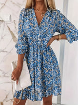 V-Neck Floral Print Short Sleeve Bubble Sleeve A-Line Dress