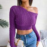 Lovemi -  Fashion Fried Dough Twist Off The Shoulder Long Sleeve Short Knitted Sweater