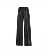 Pantalon noir décontracté en PU pour femmes, taille droite, jambes larges, chalutier, chat sauvage
