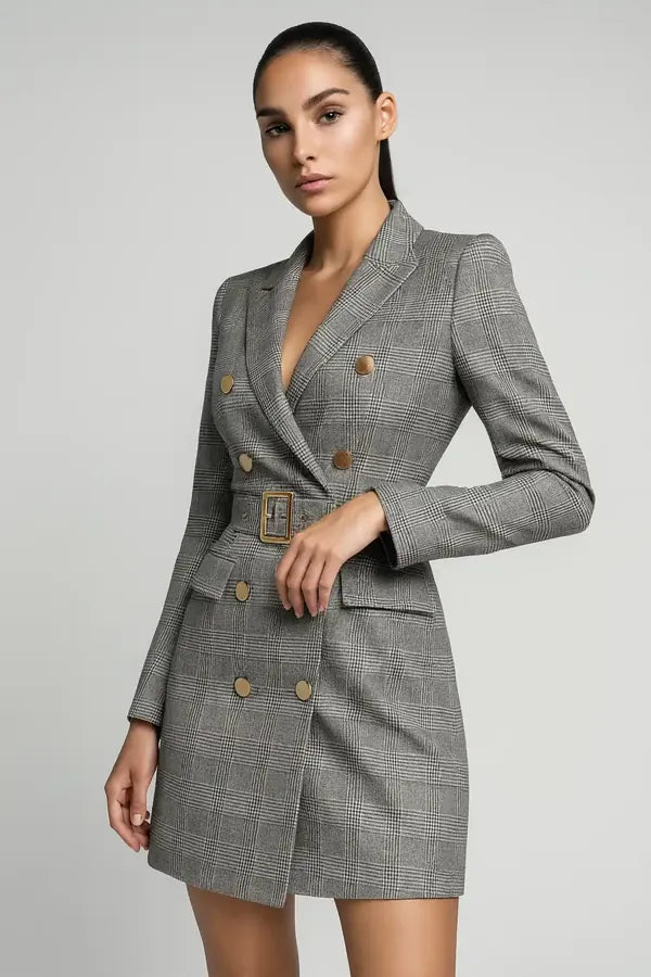 Chic grey plaid blazer dress for women - tailored double-breasted mini dress with belt