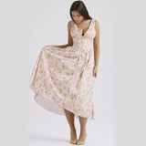 V-neck A-line Dress Summer Pleated Floral Print Tight Waist Swing Dresses With Pockets Womens Clothing