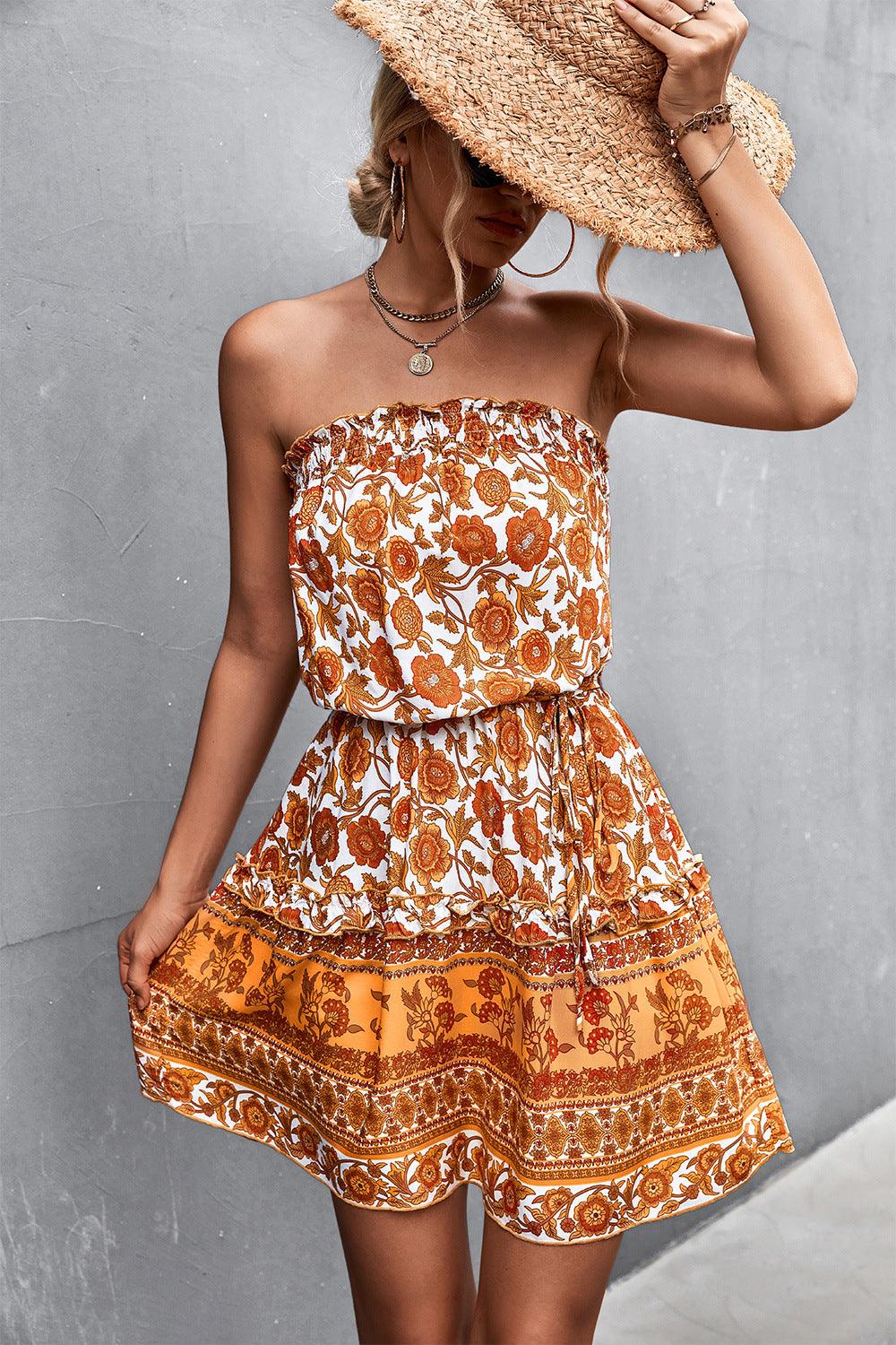 Lovemi -  Women's Bohemian Floral Print Strapless Dress Summer Beach Dress