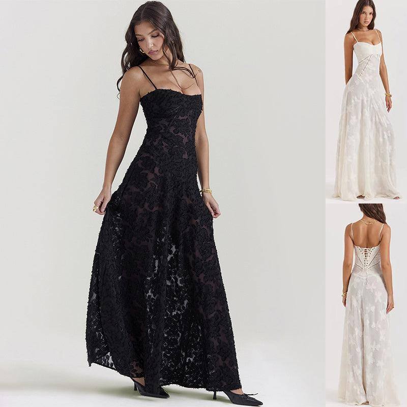 Fashion Suspender Lace Long Dress Summer Strapless Collar Elegant Evening Dresses For Women