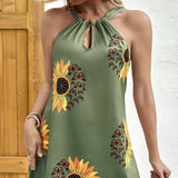 Ladies' Sunflower Butterfly Print Sleeveless Dress – Neck Hanging and Hollow Design for Casual Elegance